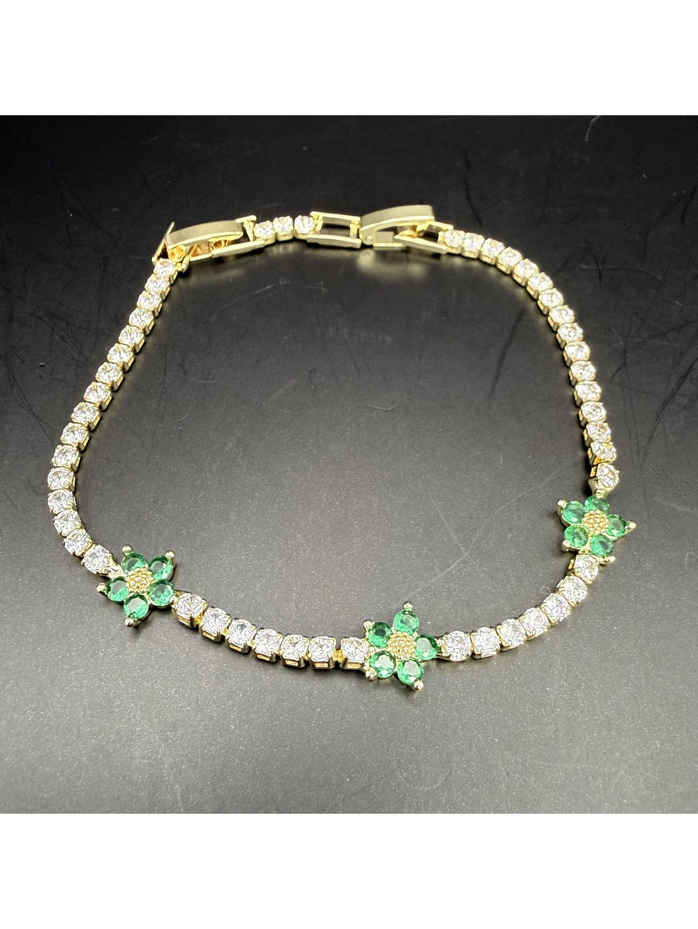 candy+clover green flower crystal gold tone tennis bracelet